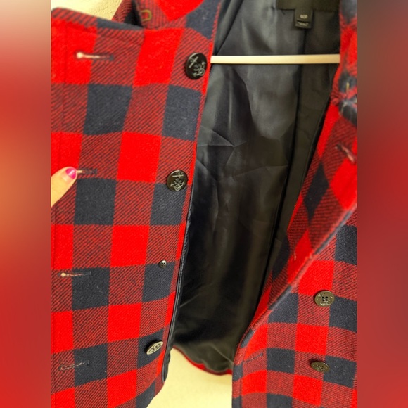 J. Crew Buffalo Plaid Wool Pea Coat Red & Navy Double Breasted Size 00P - Picture 12 of 12